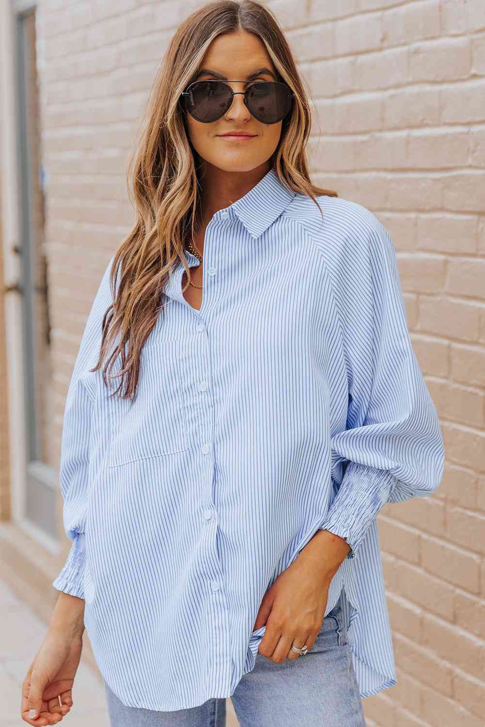 Women's Striped Lantern Sleeve Button-Down Shirt