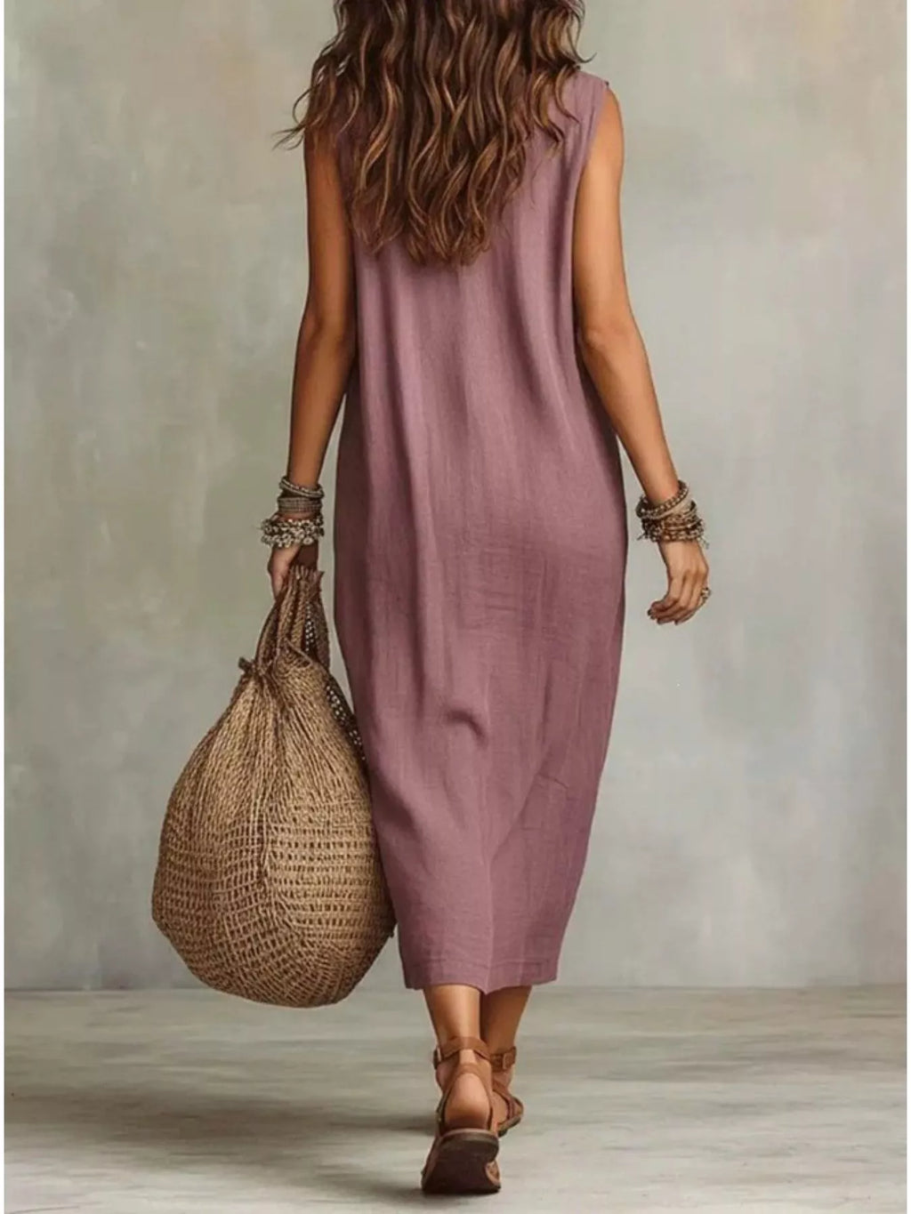 A woman shown from behind wearing a sleeveless, midi-length dusty mauve dress and carrying a large woven straw tote bag against a textured gray studio background.