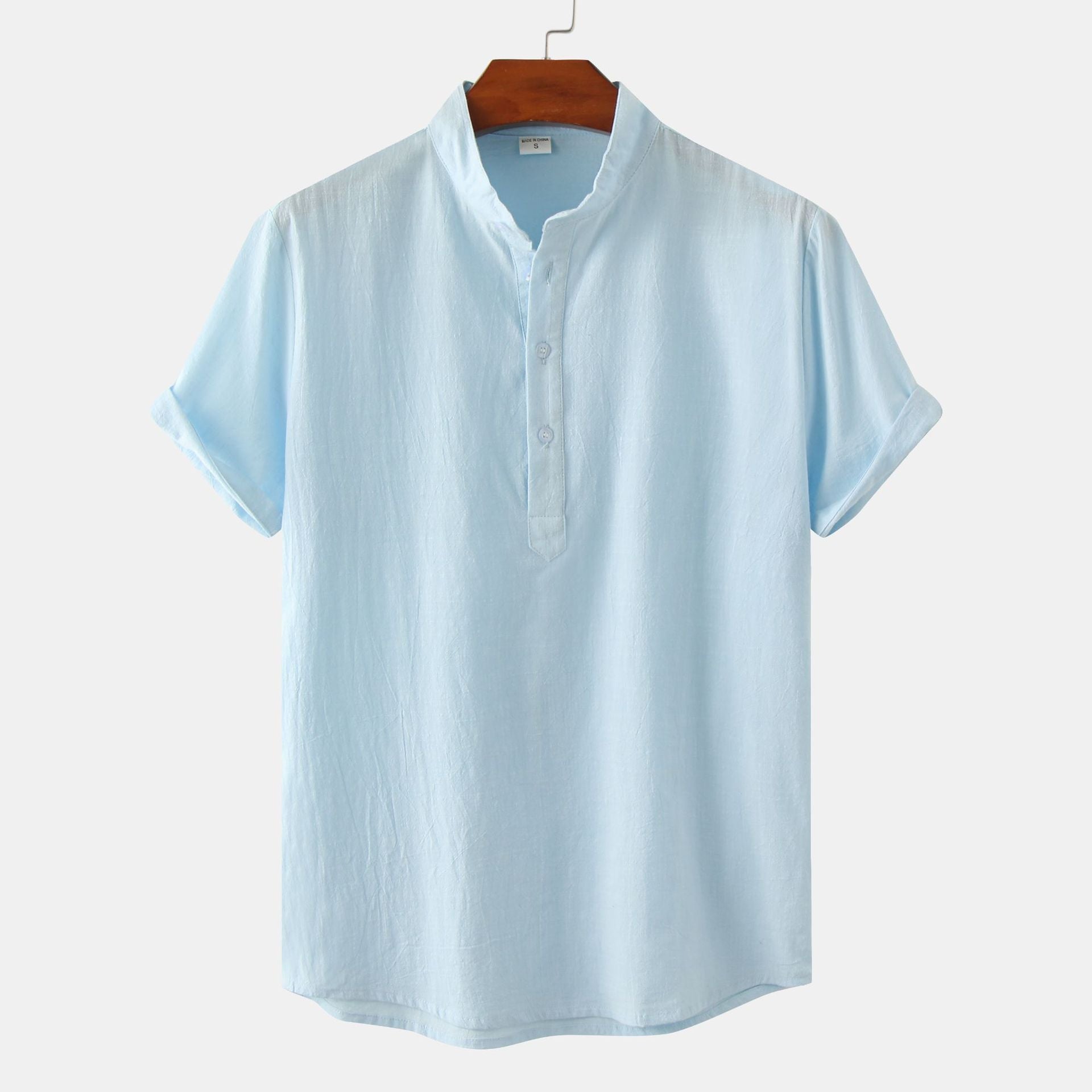 Men's Cotton Linen Short Sleeve Shirt | Stand Collar Henley