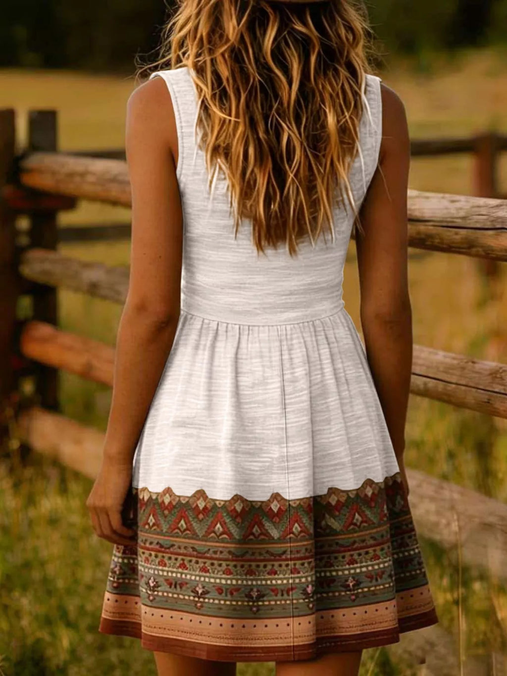 A woman shown from behind wearing a sleeveless white dress with a gathered waist and a wide multicolor geometric patterned hem, standing outdoors in front of a wooden fence.
