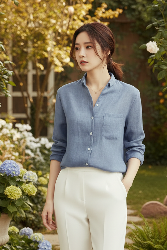 Woman in a blue shirt and white pants standing in a garden with flowers and a white chair.