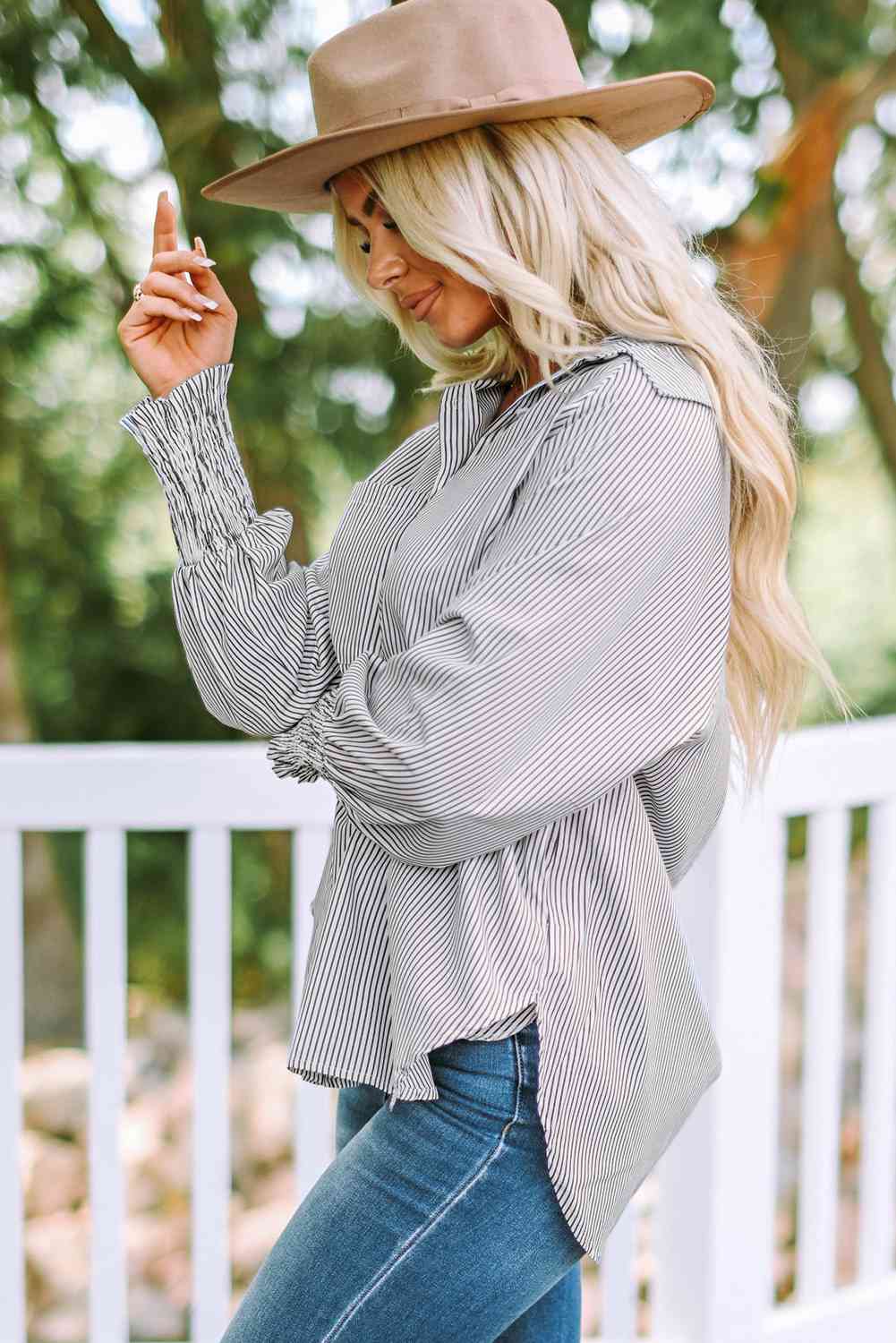 Women's Striped Lantern Sleeve Button-Down Shirt