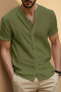 Men's green casual retro button-up short-sleeve shirt, sizes S-XXXL