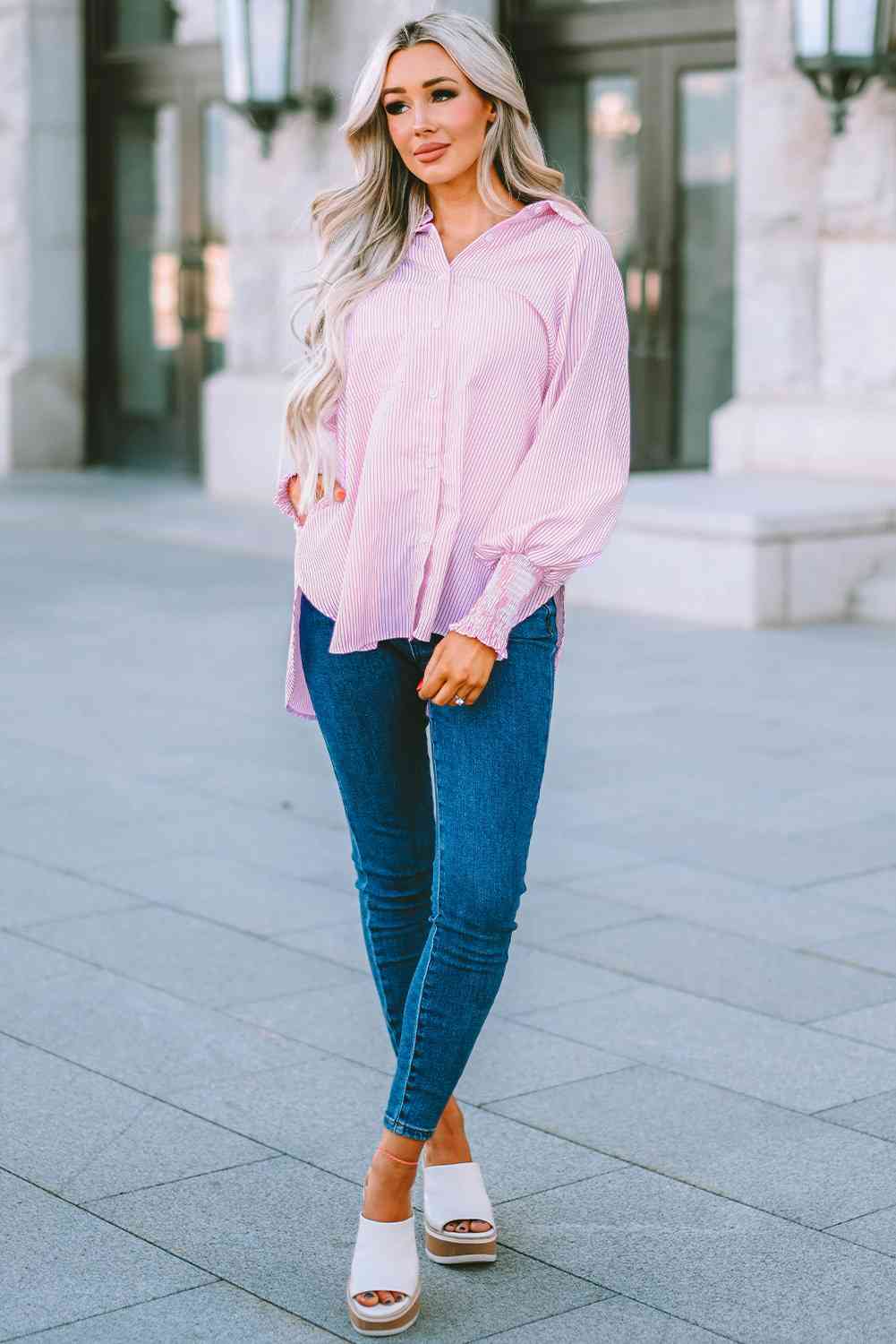 Women's Striped Lantern Sleeve Button-Down Shirt