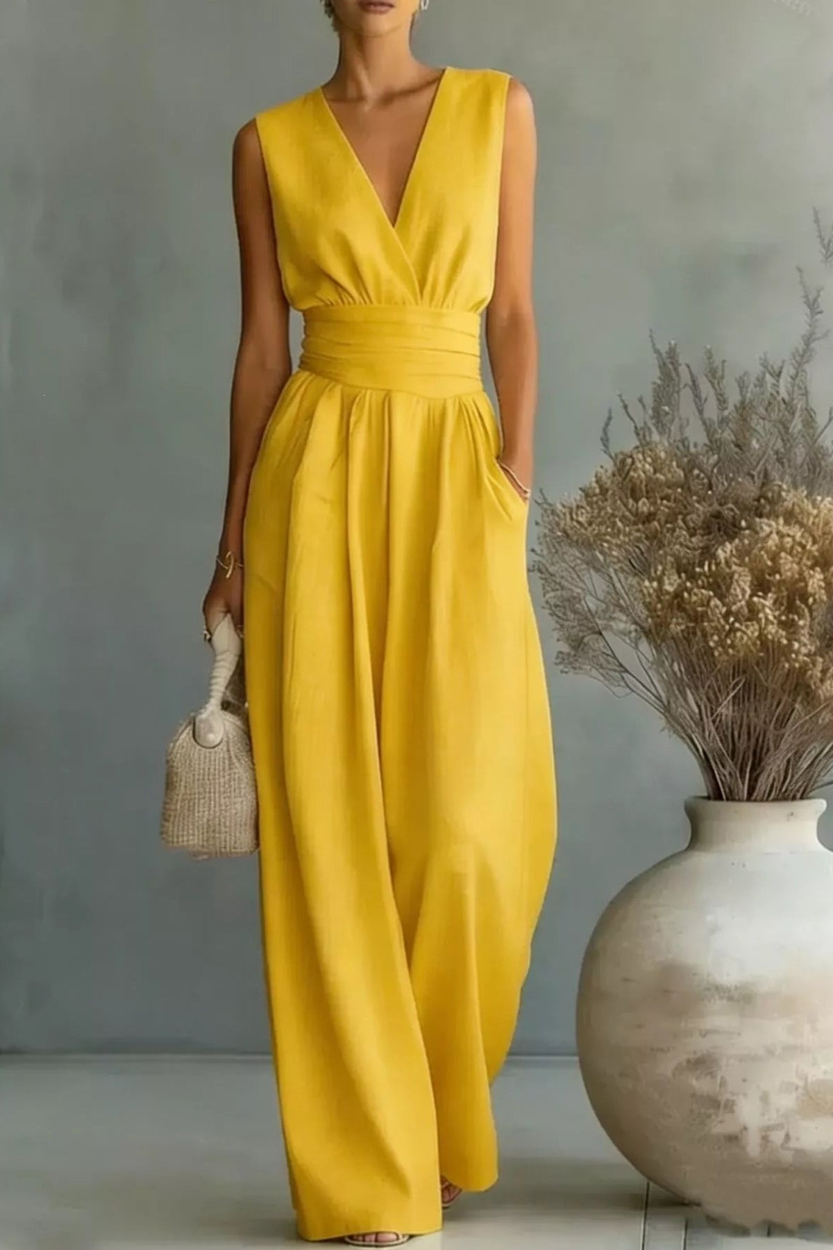 Woman wearing a yellow jumpsuit standing next to a vase with dried plants against a gray wall.