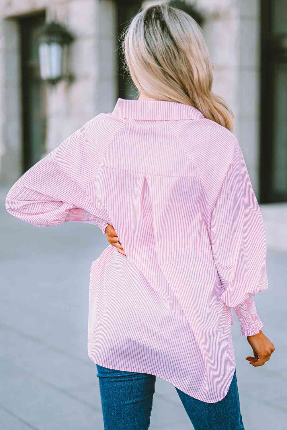Women's Striped Lantern Sleeve Button-Down Shirt