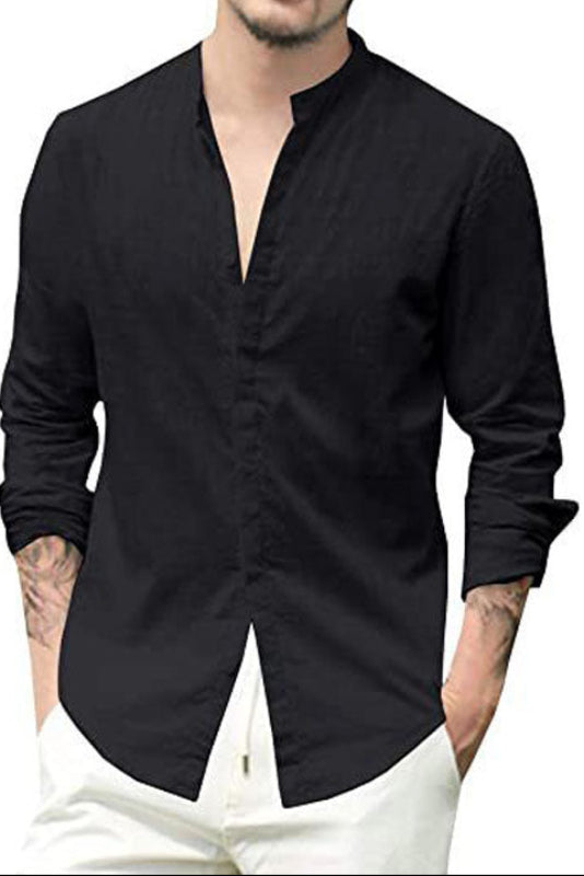 Men's Linen-Blend Stand Collar Long Sleeve Shirt