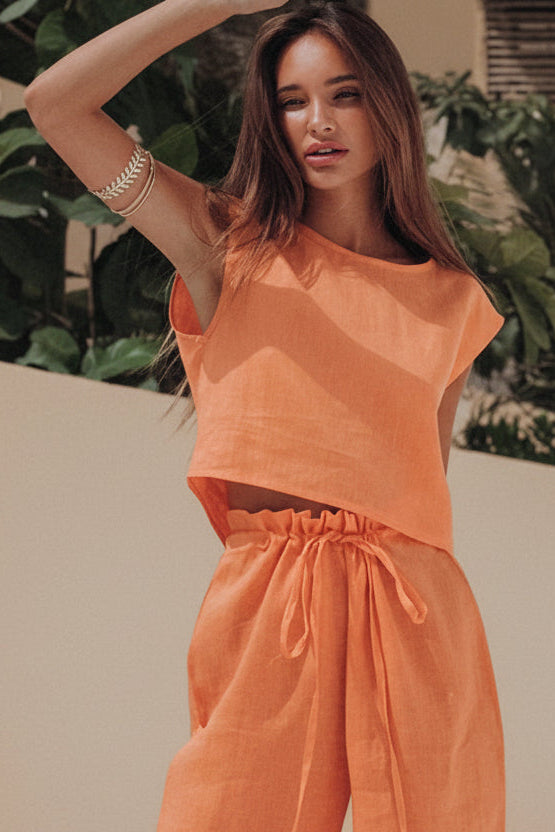 Women's Cotton Linen Lounge Set — Crop Top & Wide Leg Pants