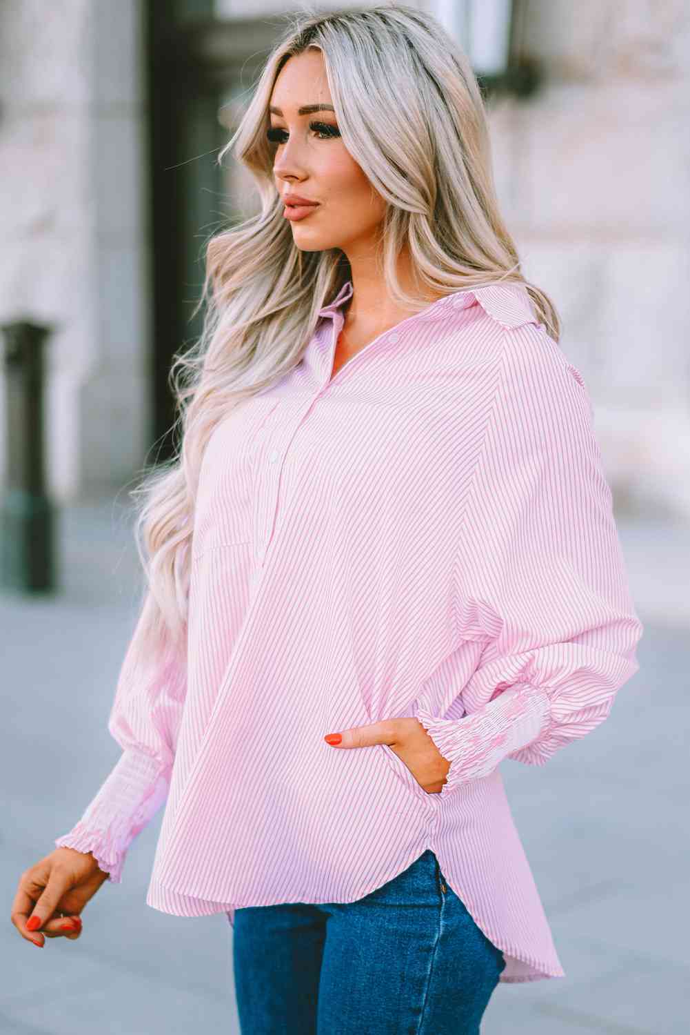 Women's Striped Lantern Sleeve Button-Down Shirt