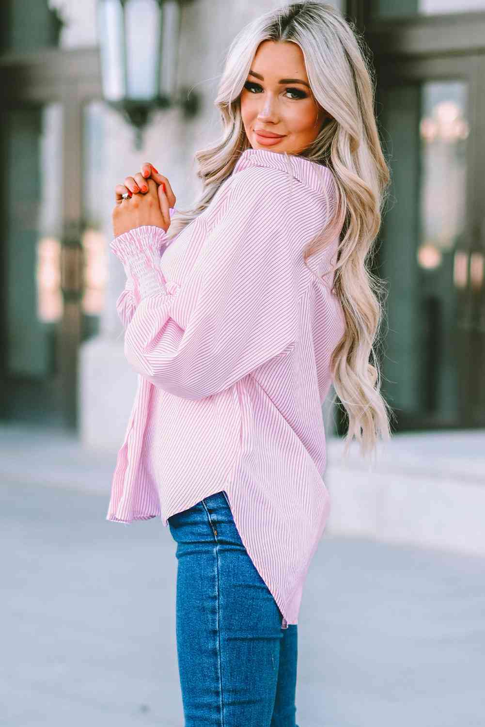 Women's Striped Lantern Sleeve Button-Down Shirt