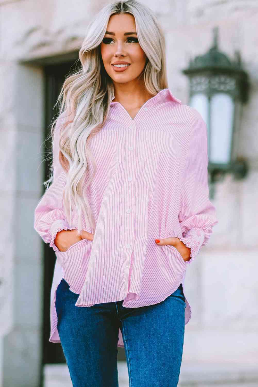 Women's Striped Lantern Sleeve Button-Down Shirt