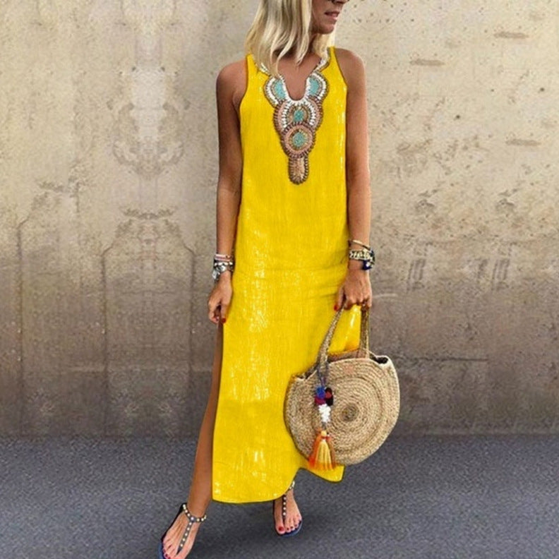Women's Boho Sleeveless V-Neck Midi Dress
