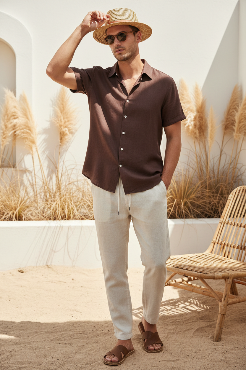 Men's brown cotton linen short sleeve shirt and cream trousers lifestyle photo