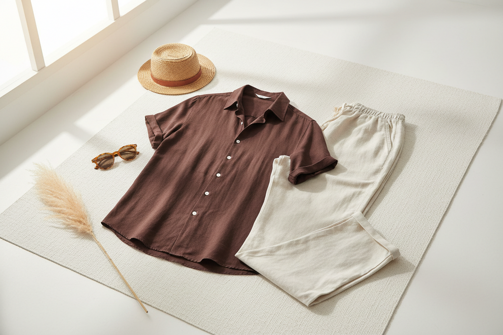 Men's brown linen 2-piece summer set flat lay shot