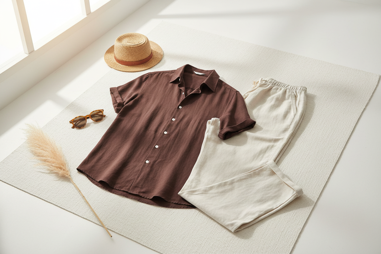 Men's brown linen 2-piece summer set flat lay shot