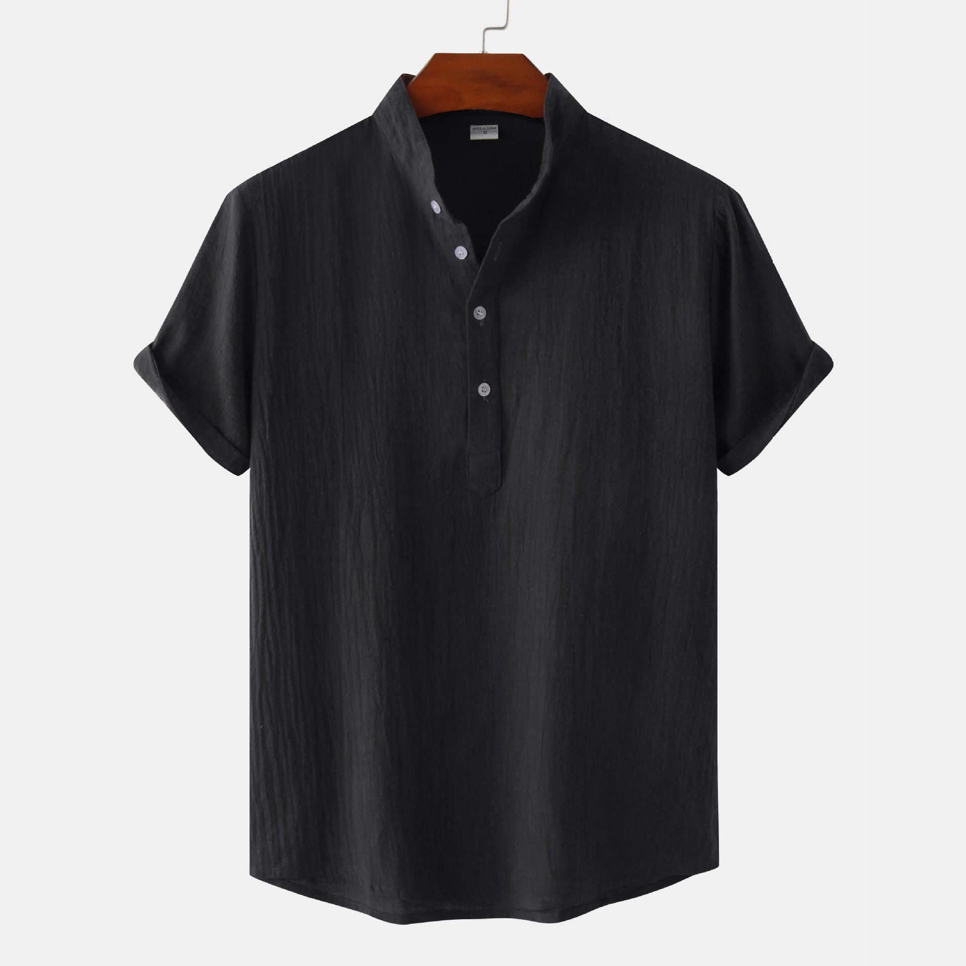 Men's Cotton Linen Short Sleeve Shirt | Stand Collar Henley