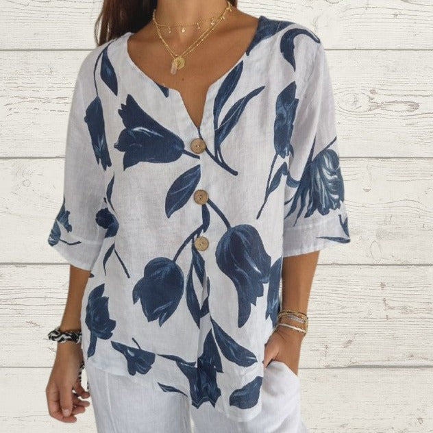 Women's Floral Cotton Linen V-Neck Blouse