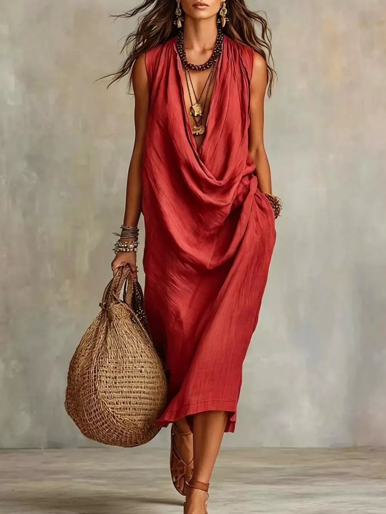 A woman models a sleeveless, draped midi dress in a dusty terracotta red color, styled with layered necklaces, bracelets, and a woven straw tote bag against a textured gray studio backdrop.