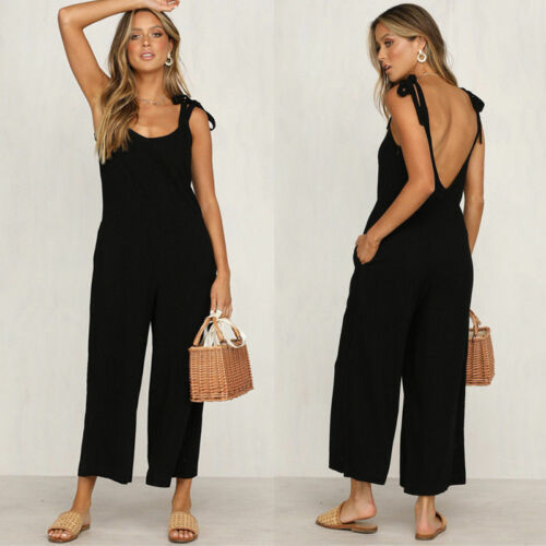 Women's Casual Loose Linen Cotton Backless Jumpsuit