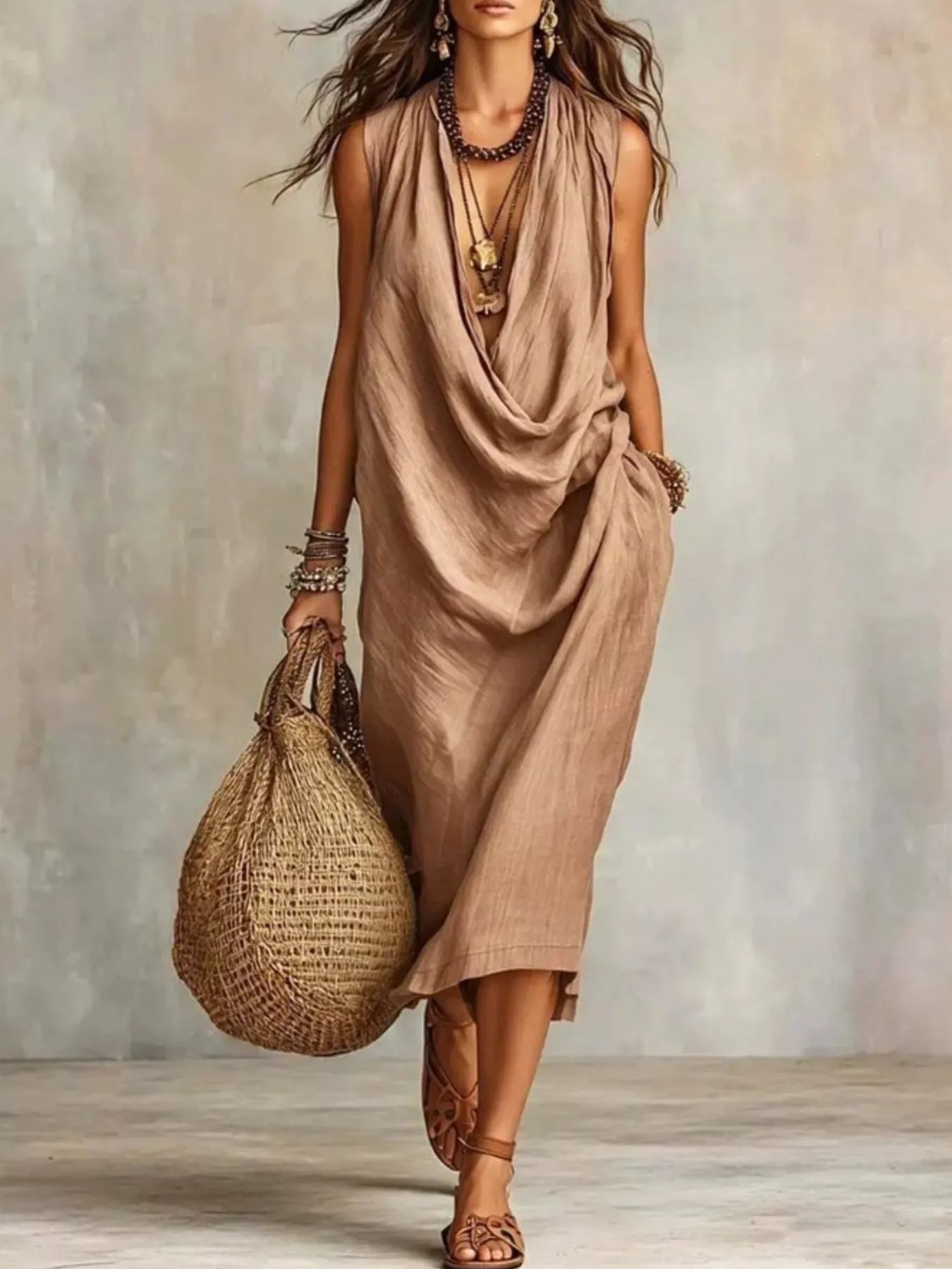 Woman wearing a beige dress holding a woven bag against a neutral background