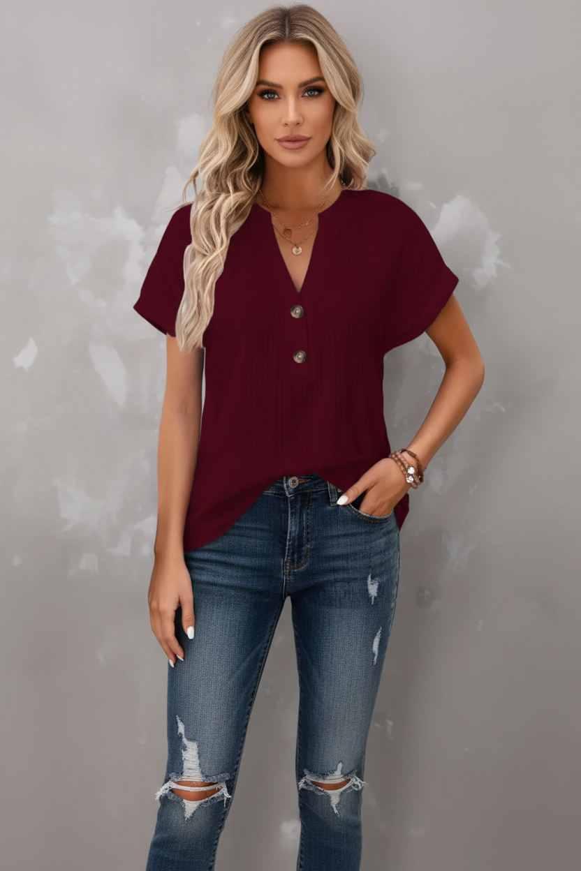 Women's Relaxed V-Neck Button Casual Top