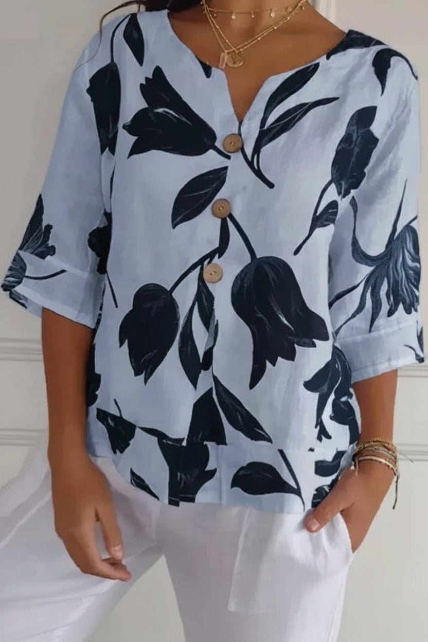 Women's Floral Cotton Linen V-Neck Blouse