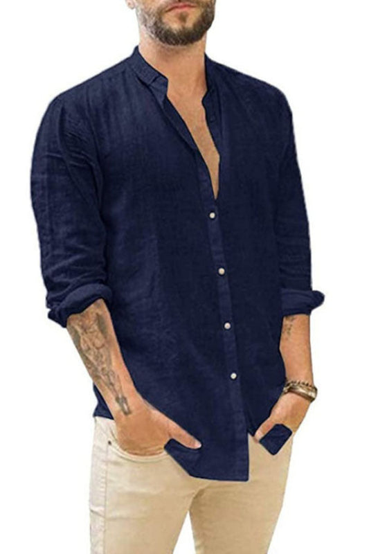 Men's Linen-Blend Stand Collar Long Sleeve Shirt