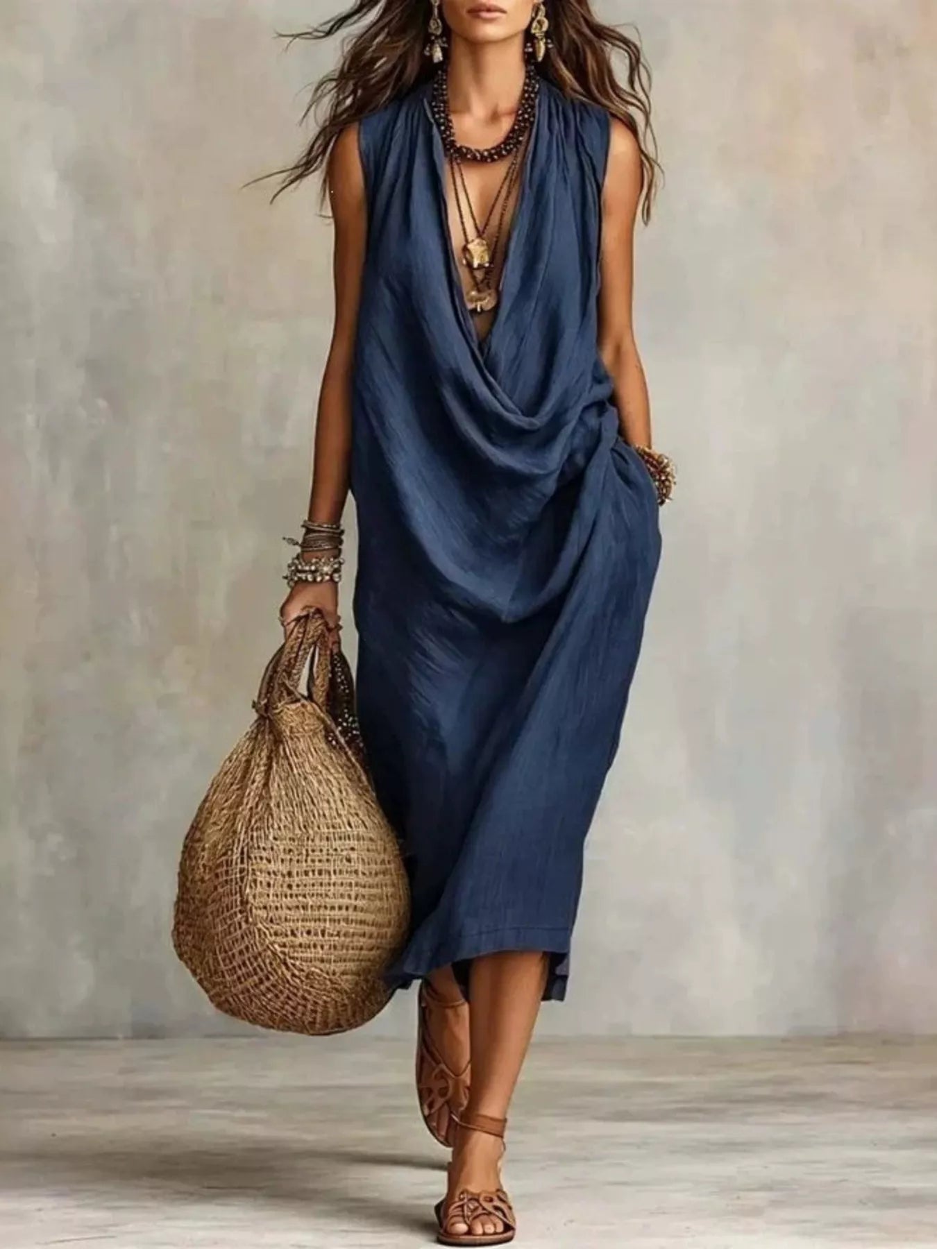 A woman models a sleeveless, draped midi dress in a deep navy blue color. She is accessorized with layered necklaces, bracelets, and brown strappy sandals, and carries a large woven straw tote bag against a textured gray studio backdrop.