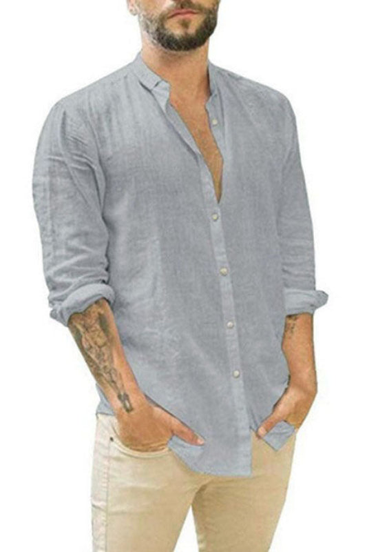 Men's Linen-Blend Stand Collar Long Sleeve Shirt