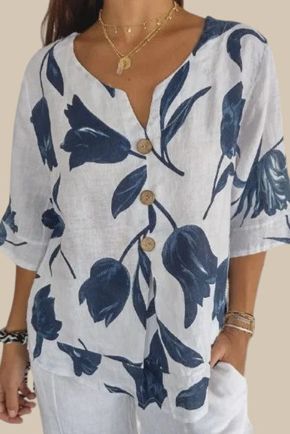 Women's Floral Cotton Linen V-Neck Blouse