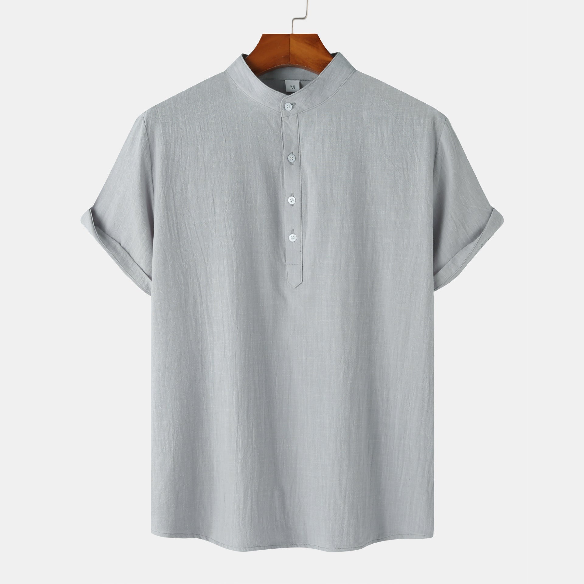 Men's Cotton Linen Short Sleeve Shirt | Stand Collar Henley