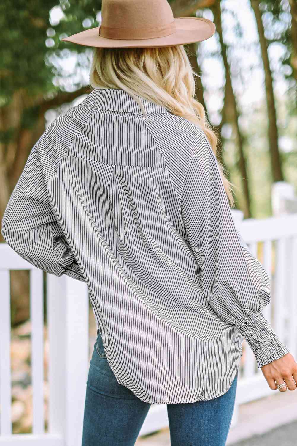 Women's Striped Lantern Sleeve Button-Down Shirt