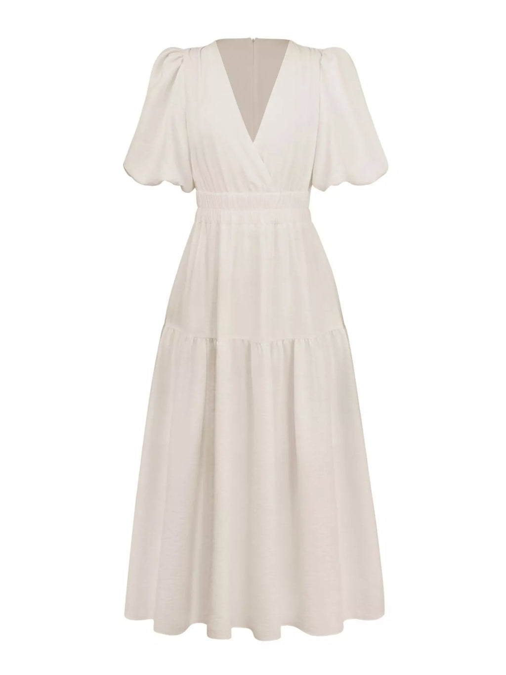 An off-white midi dress with short puff sleeves, a deep V-neckline, and a tiered skirt, shown against a plain white background.