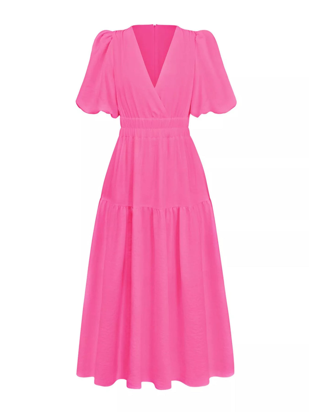 A bright pink midi-length dress with short puff sleeves, a V-neckline, and a tiered skirt, shown against a plain white background.