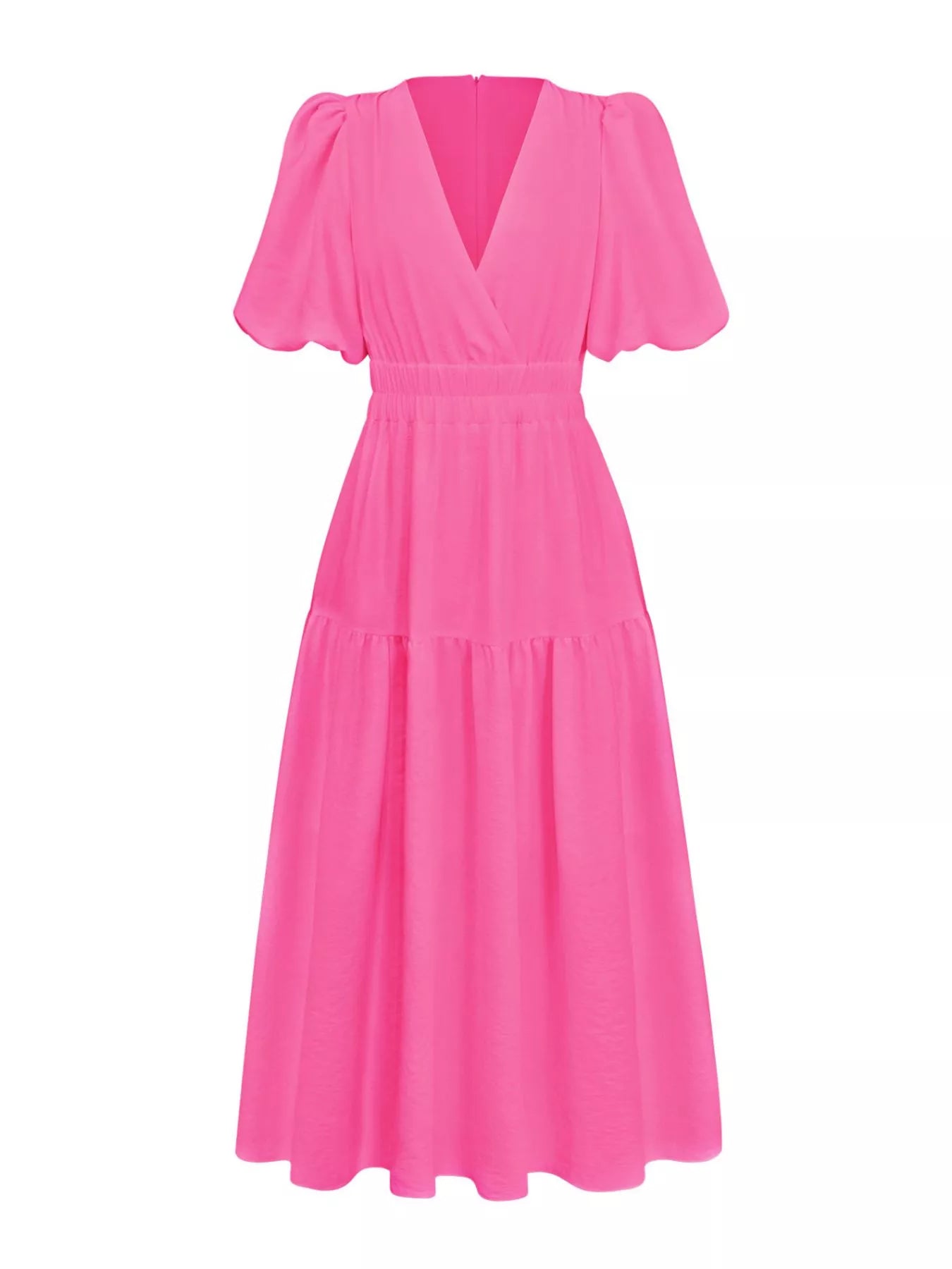 A bright pink midi-length dress with short puff sleeves, a V-neckline, and a tiered skirt, shown against a plain white background.