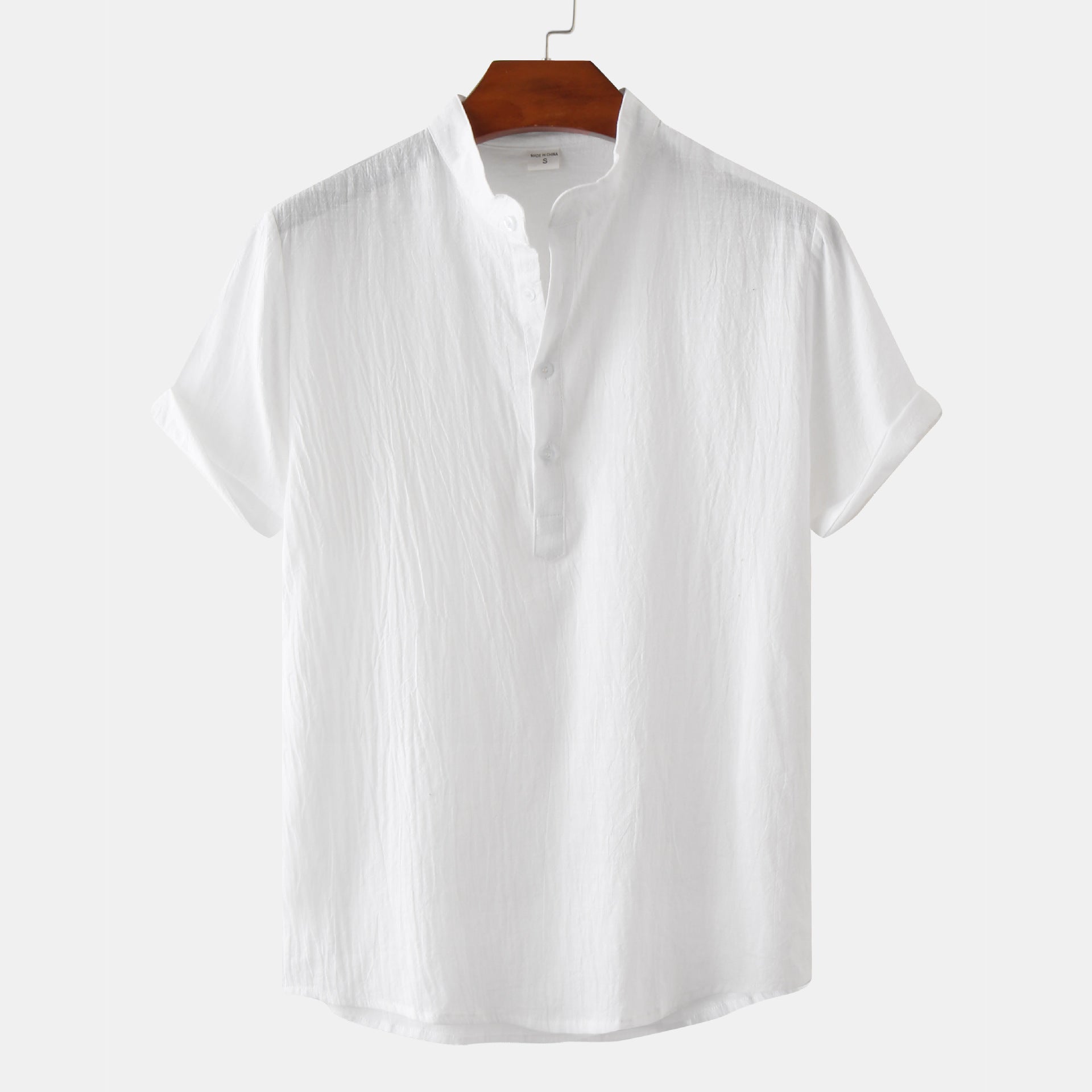 Men's Cotton Linen Short Sleeve Shirt | Stand Collar Henley