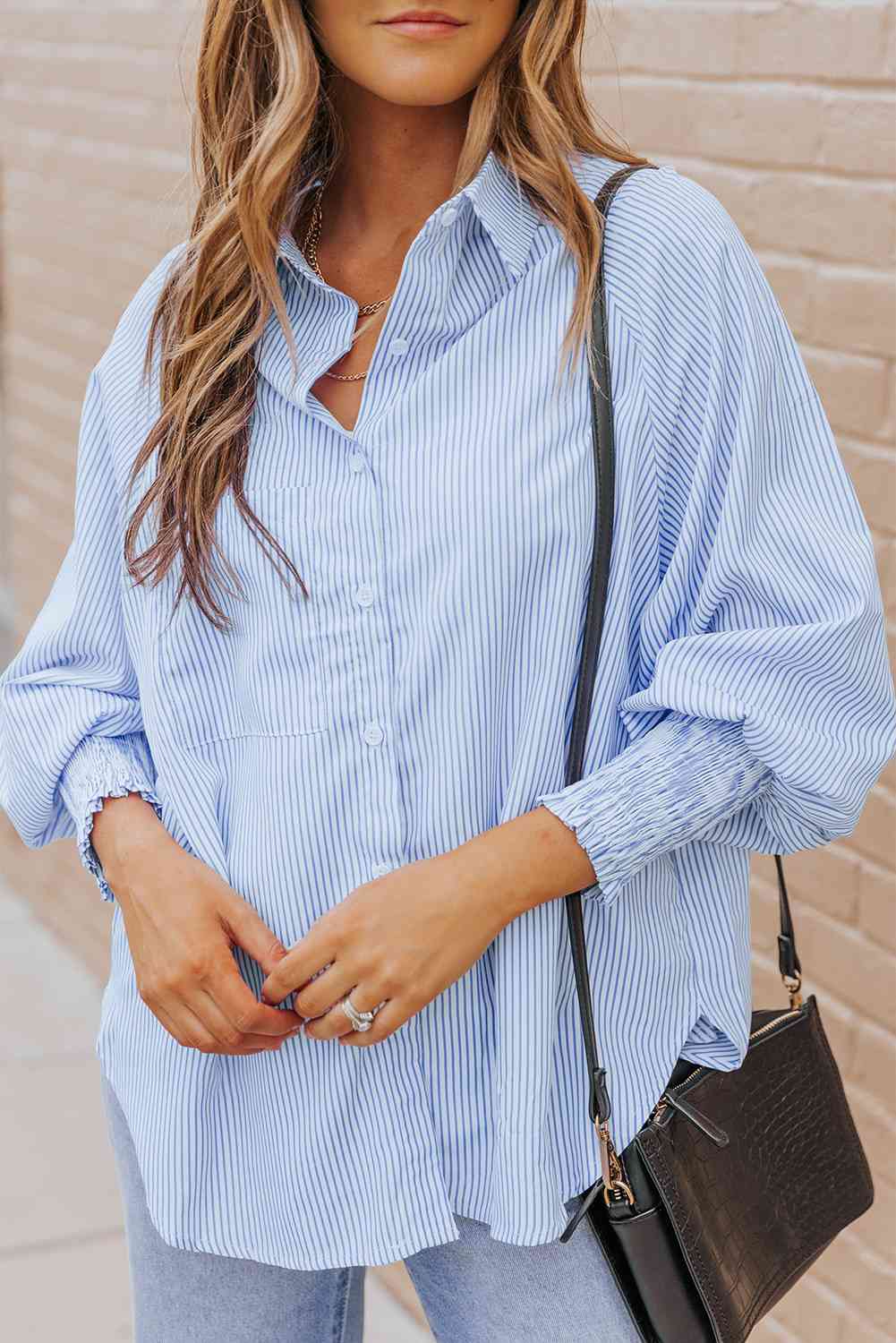 Women's Striped Lantern Sleeve Button-Down Shirt