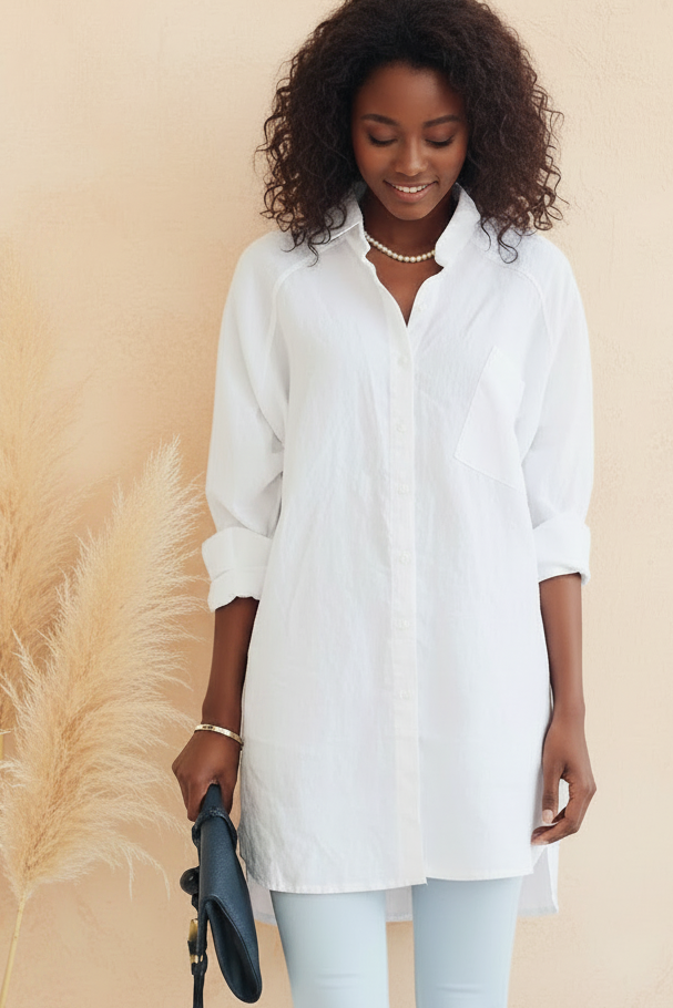 Woman wearing a white shirt and light blue jeans standing against a beige background with pampas grass.