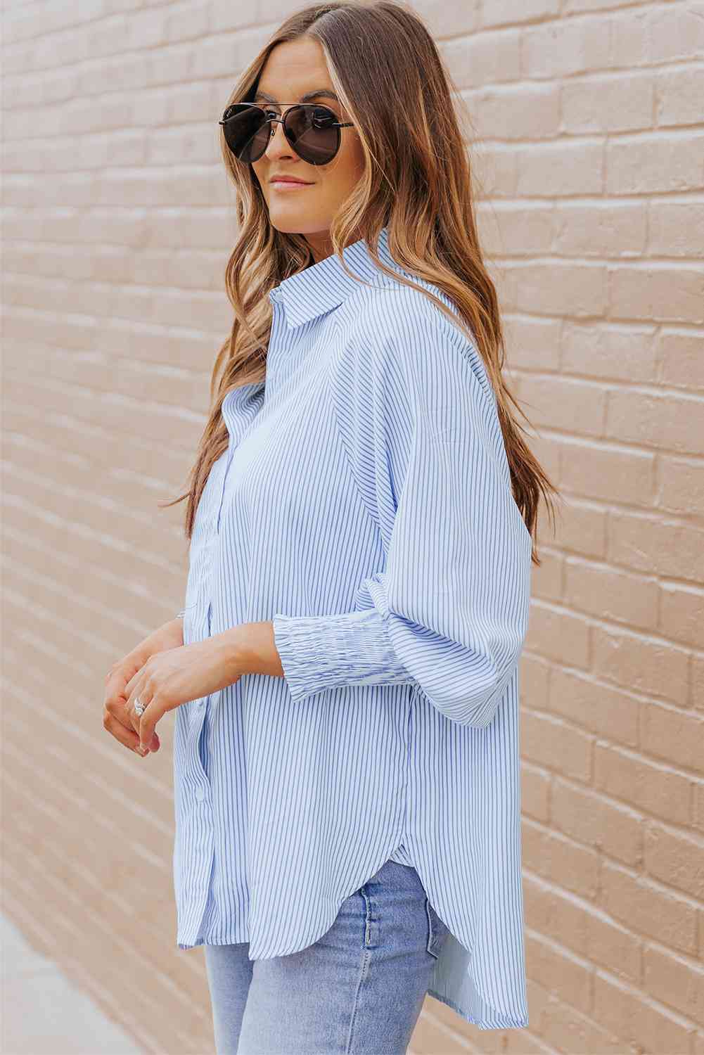 Women's Striped Lantern Sleeve Button-Down Shirt