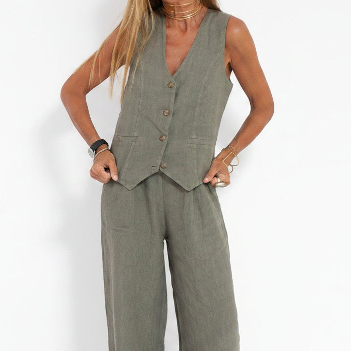 Fashionable Vest and Pants Cotton-Linen Set