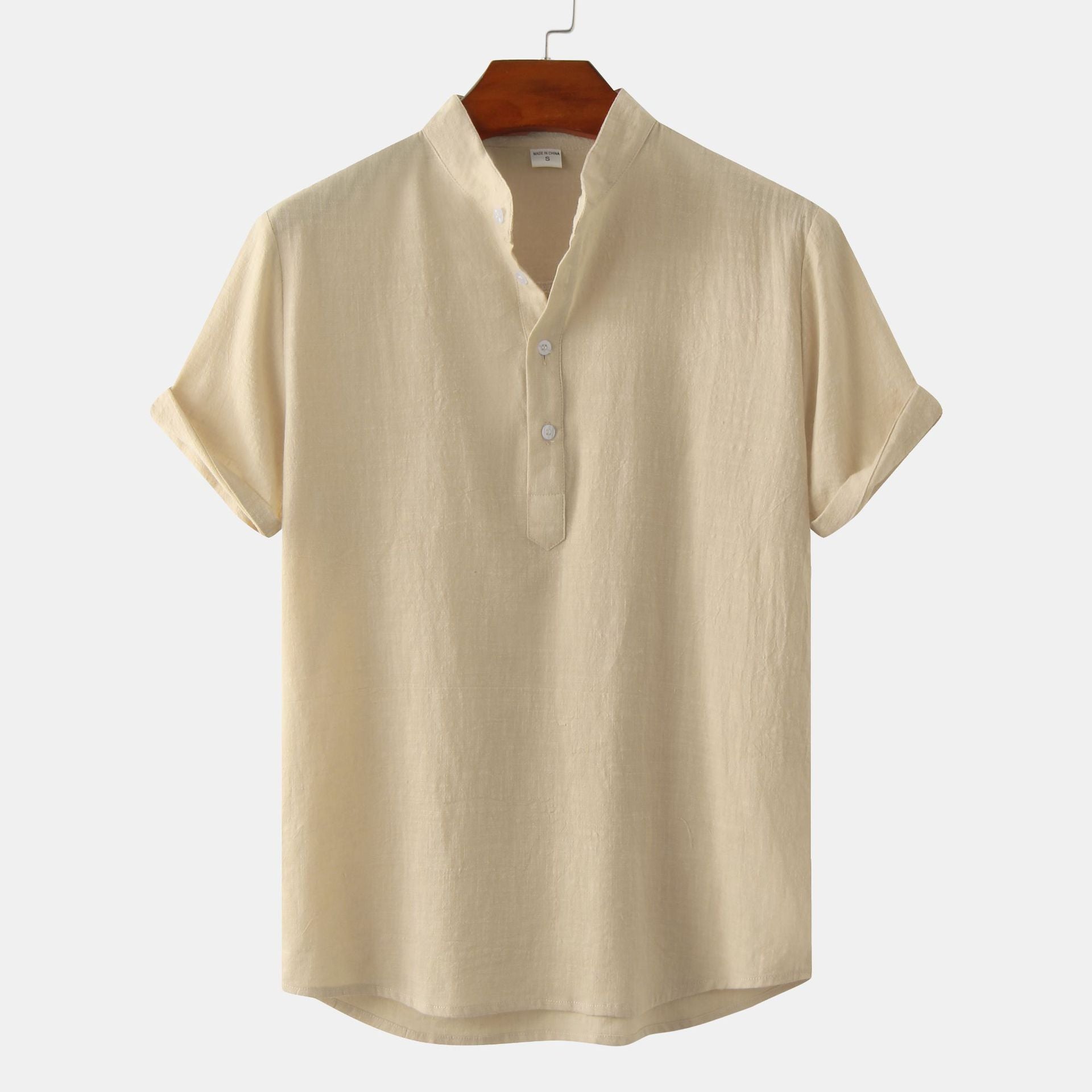 Men's Cotton Linen Short Sleeve Shirt | Stand Collar Henley