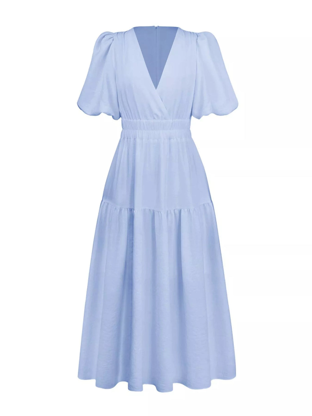 A light blue midi-length dress with a deep V-neckline, short puff sleeves, a smocked waist, and a tiered skirt, shown against a plain white background.