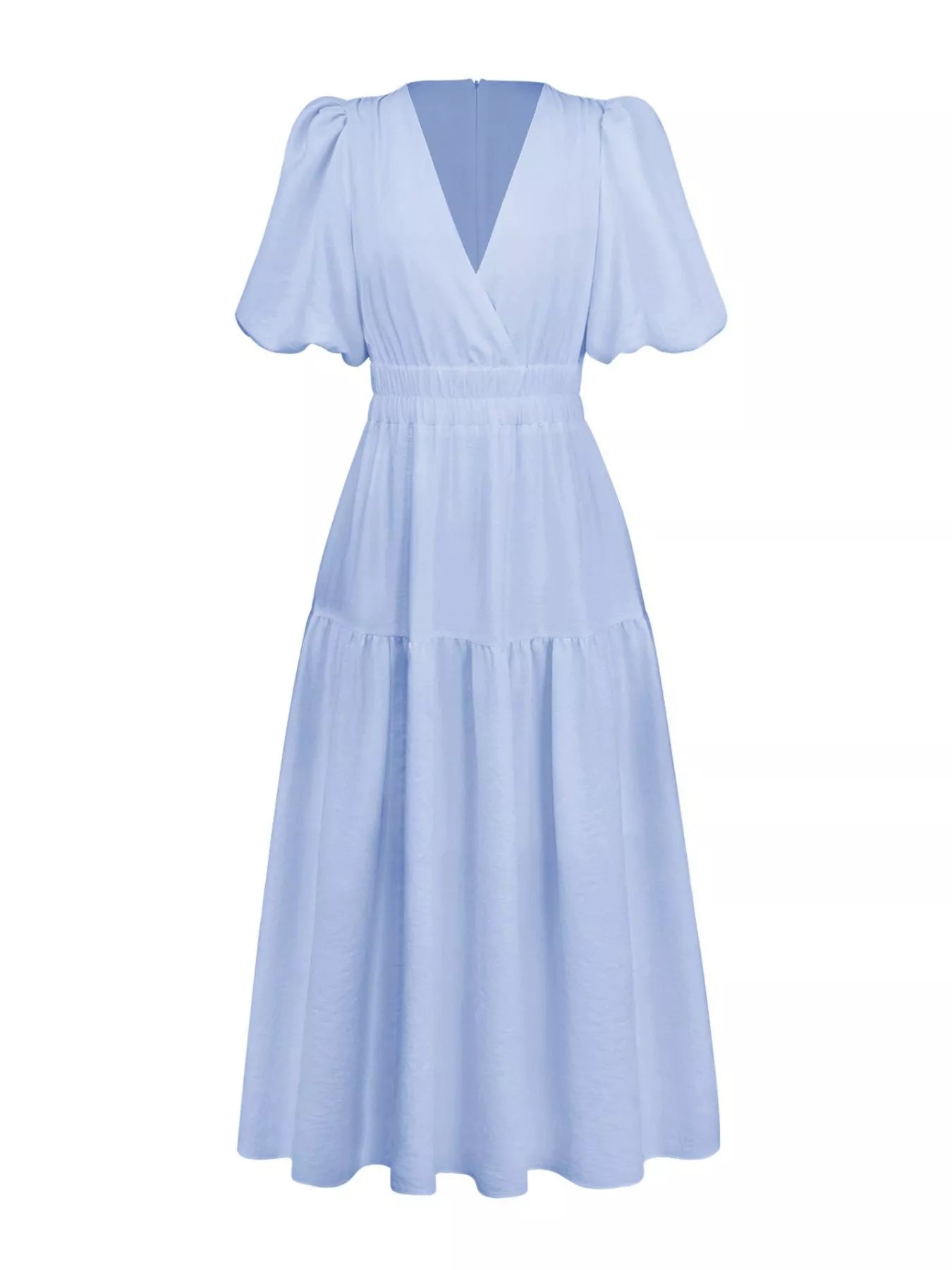 A light blue midi-length dress with a deep V-neckline, short puff sleeves, a smocked waist, and a tiered skirt, shown against a plain white background.