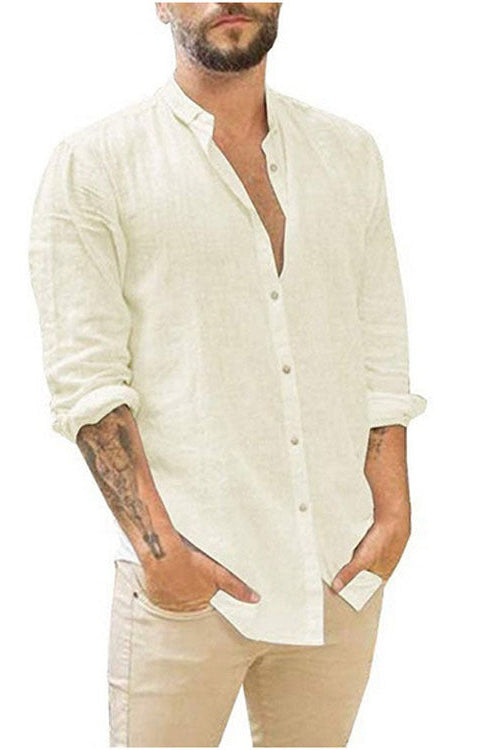 Men's Linen-Blend Stand Collar Long Sleeve Shirt