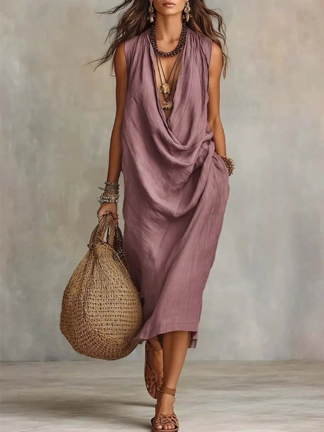 Woman wearing a mauve sleeveless dress holding a woven bag against a neutral background