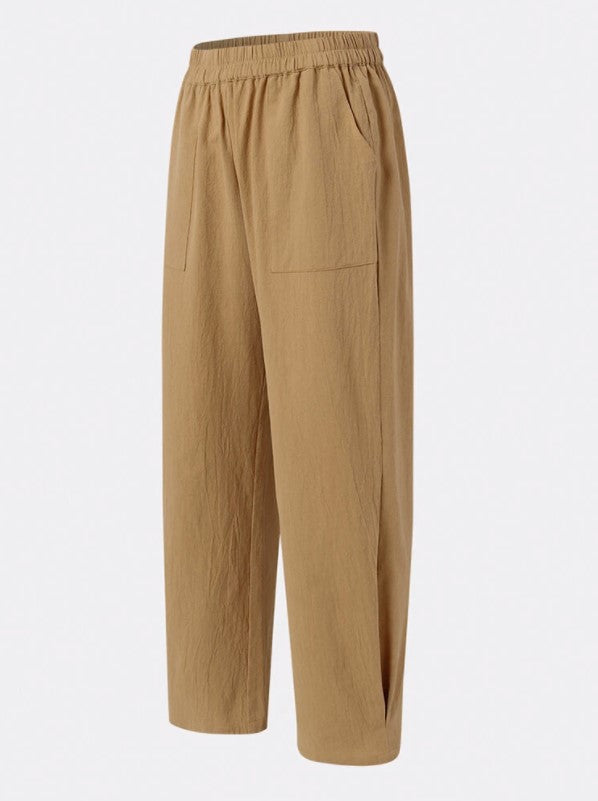 Women's Cotton Linen Wide-Leg Trousers — Elastic Waist, With Pockets