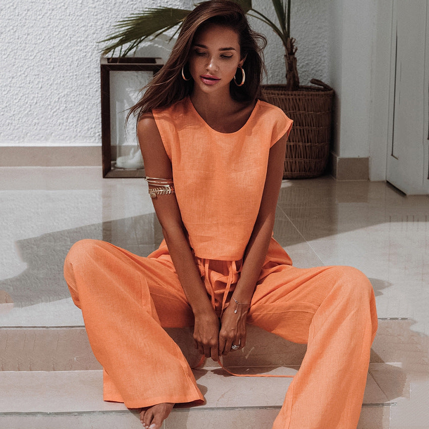 Women's Cotton Linen Lounge Set — Crop Top & Wide Leg Pants