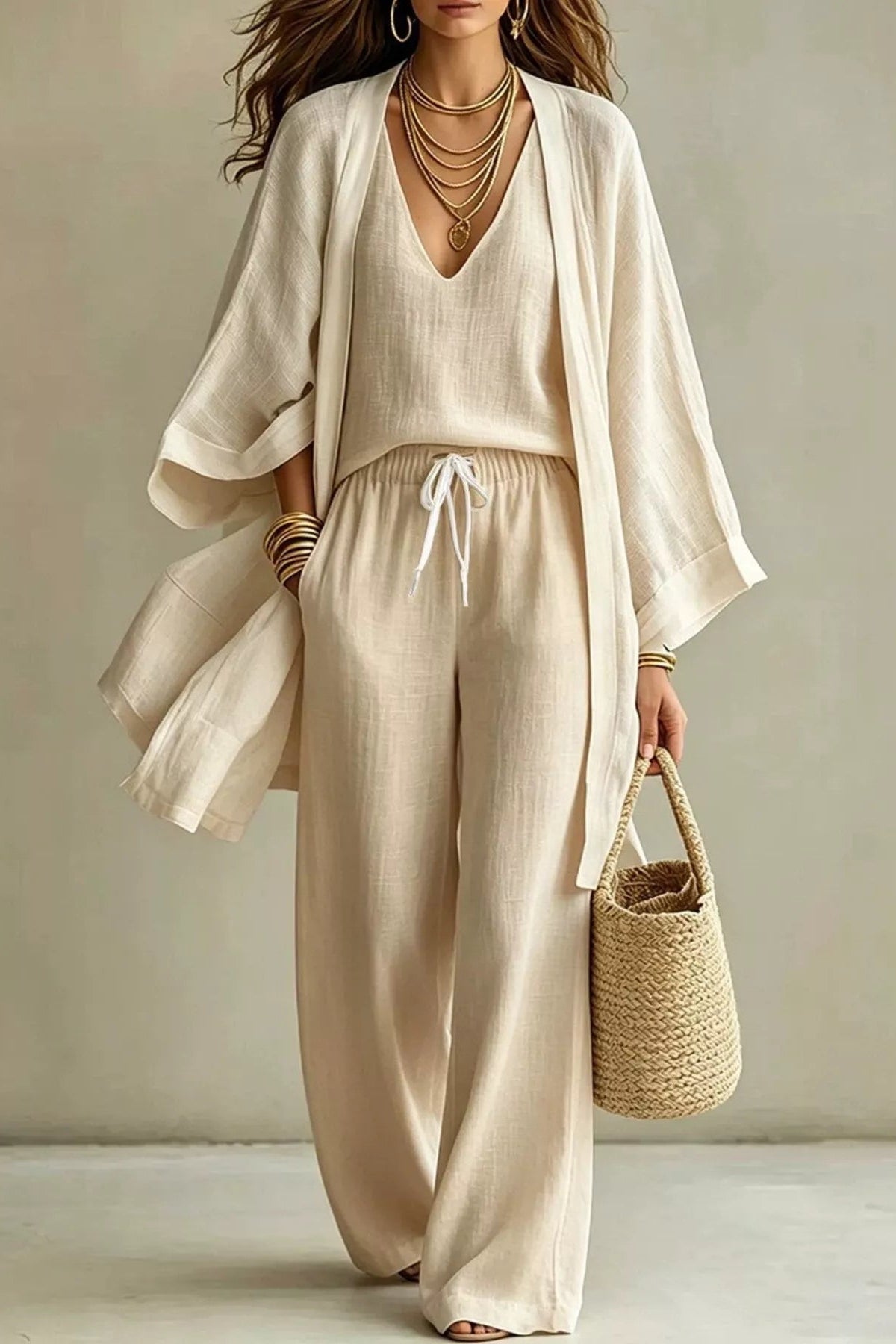Woman wearing an apricot three-piece set with open-front kimono cardigan, V-neck cami, and wide-leg drawstring pants, holding a woven tote bag
