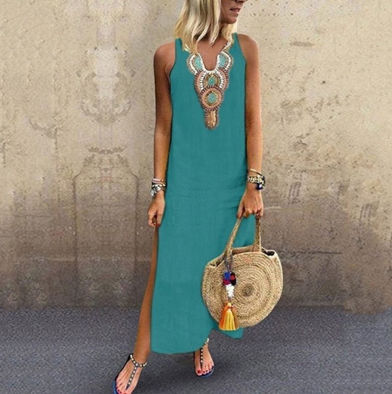 Women's Boho Sleeveless V-Neck Midi Dress