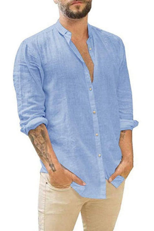 Men's Linen-Blend Stand Collar Long Sleeve Shirt